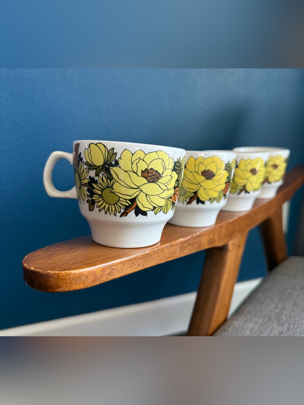 Vintage Yellow Floral Ceramic Grindley Mugs - Set of 4